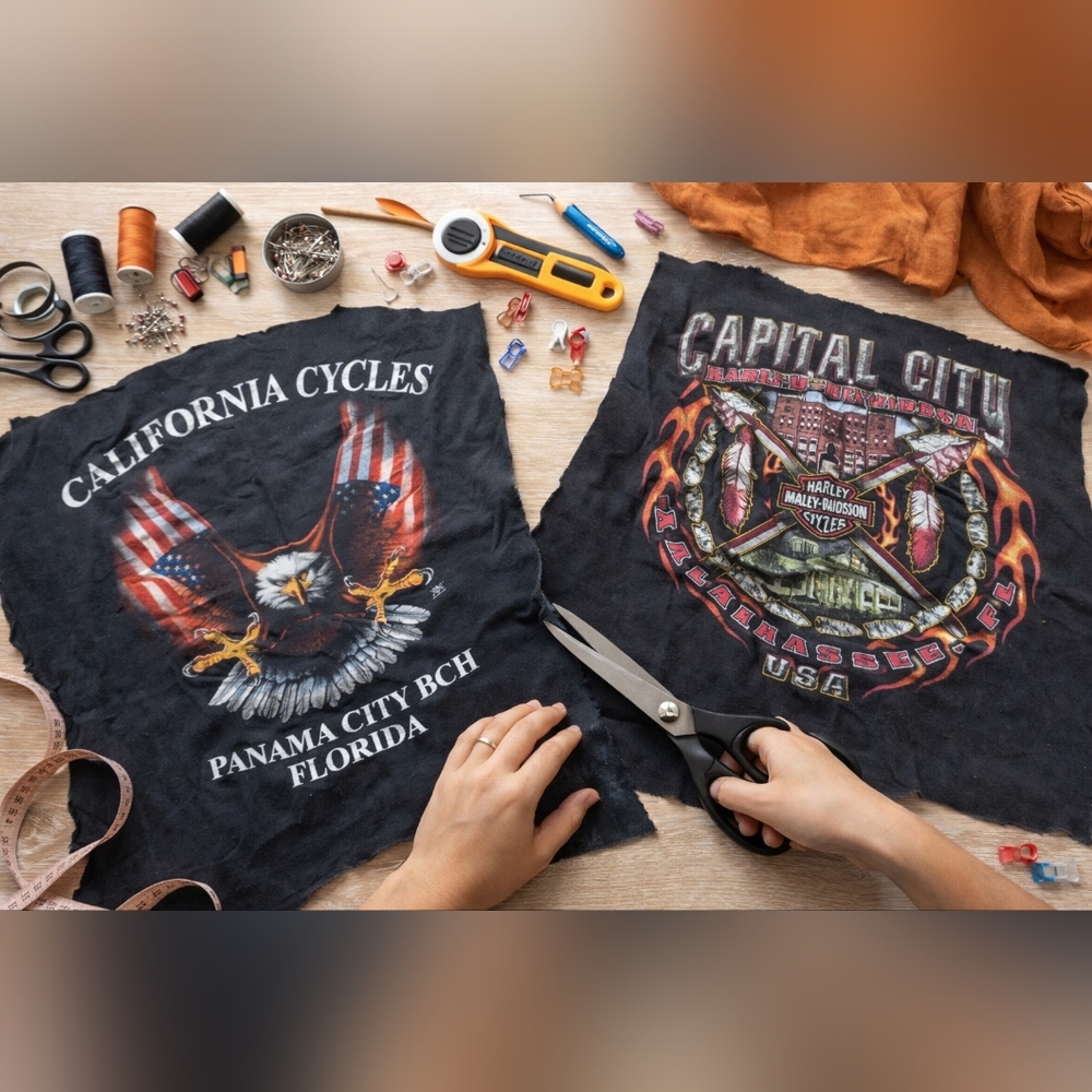 Harley Davidson Graphic Tee Fabric Panels Florida DIY Upcycle Cut T Shirt Pieces